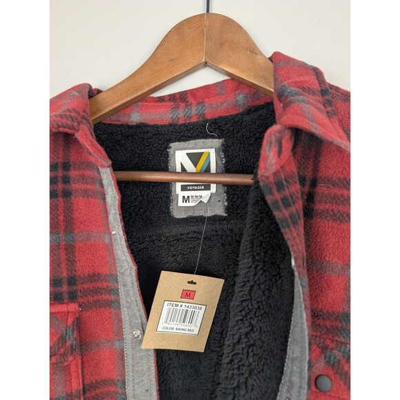Voyager Jacket Men's Medium Red and Black Plaid Sherpa Fleece Snap Button Up - Picture 12 of 16